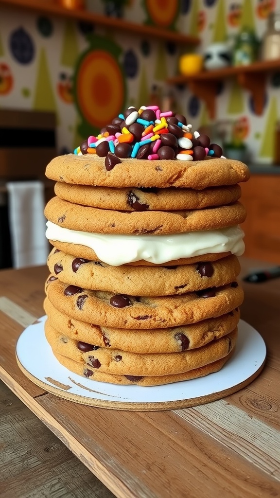 Four-layer cookie cake with chocolate chips and buttercream frosting, decorated with sprinkles, on a wooden table.